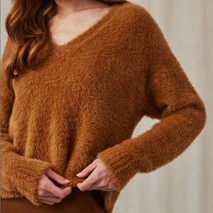Bella Dahl Sweater Size S Relaxed Fuzzy Brown Twilight Gold V-neck *READ*